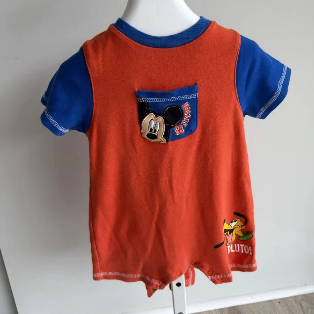 Disney Mickey Mouse Pluto Orange Blue Colorblock Romper Infant Boys 18M VTG 90’s
